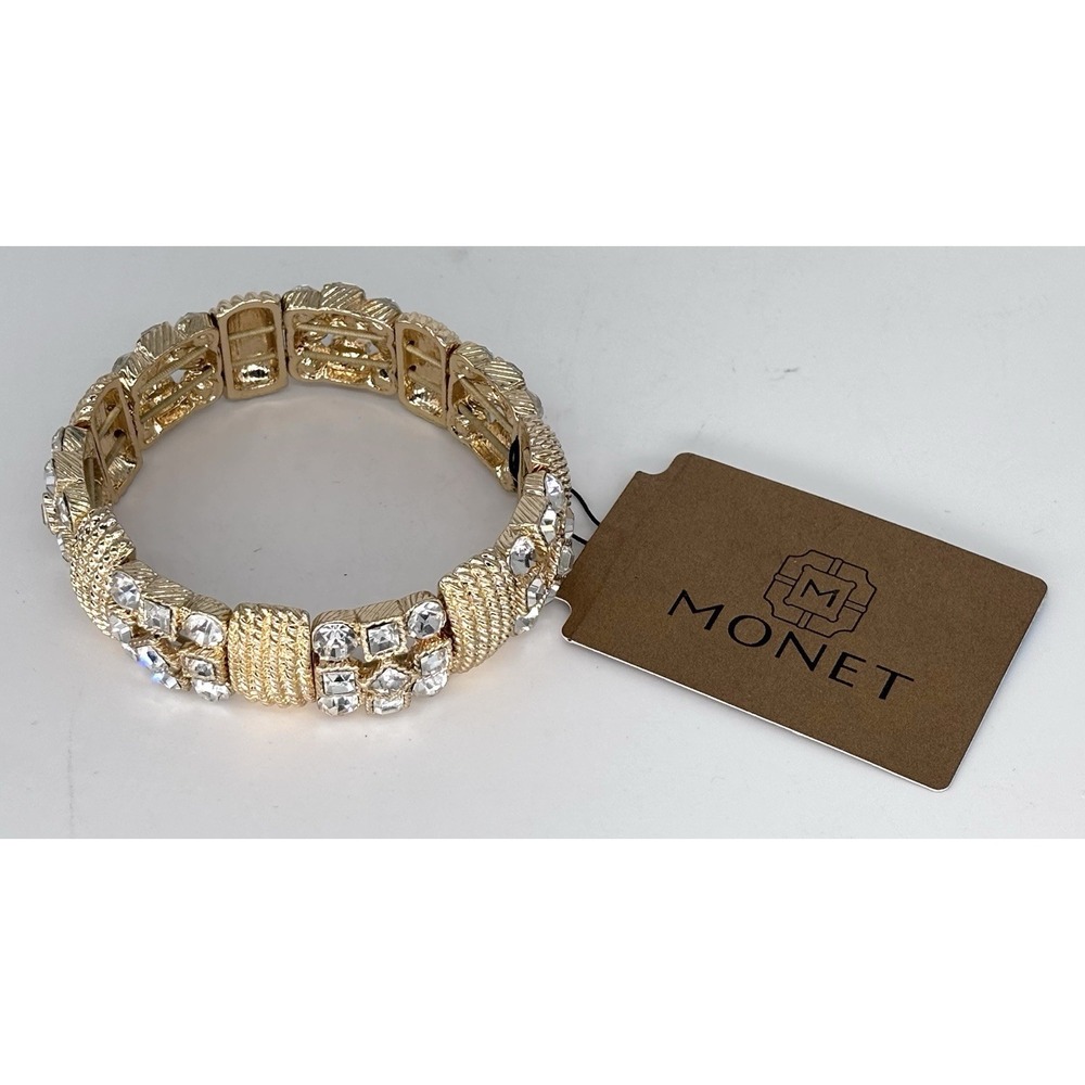 Monet‎ Gold Tone Rhinestone Stretch Bracelet Crystal Statement Bracelet NWT